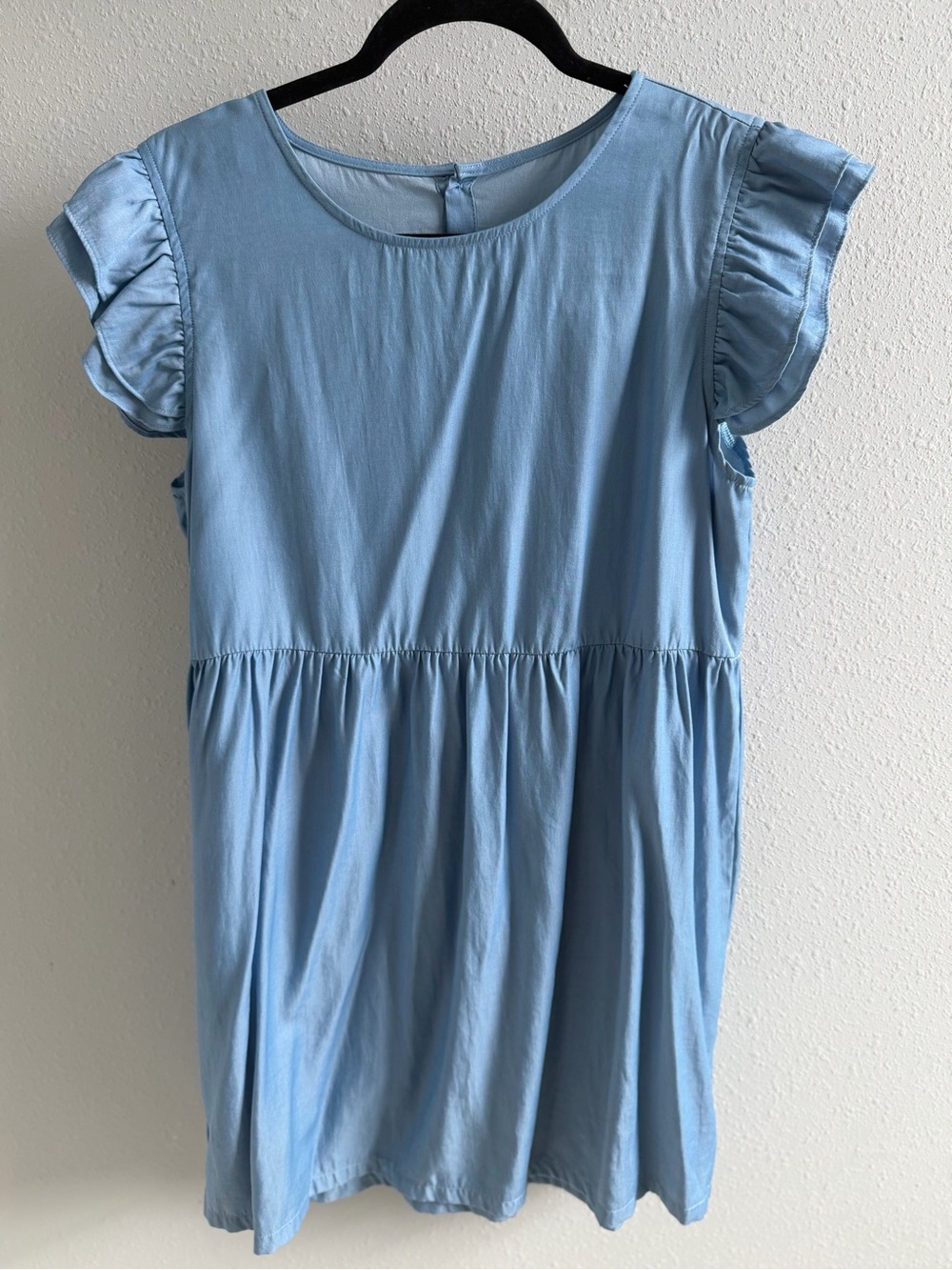 Light Blue Chambray Style Ruffle Sleeve Babydoll Dress